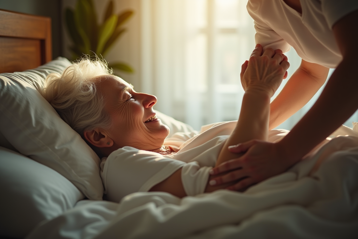 Femme agee reposant paisiblement dans une chambre lumineuse