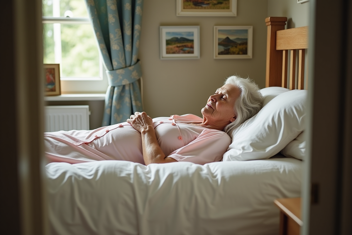 Femme âgée reposant dans un lit lumineux et décor classique