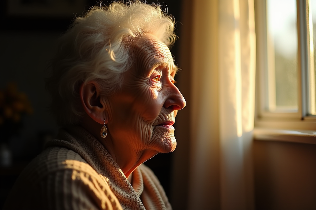 Femme agee regardant par la fenetre en pleurs douce lumiere
