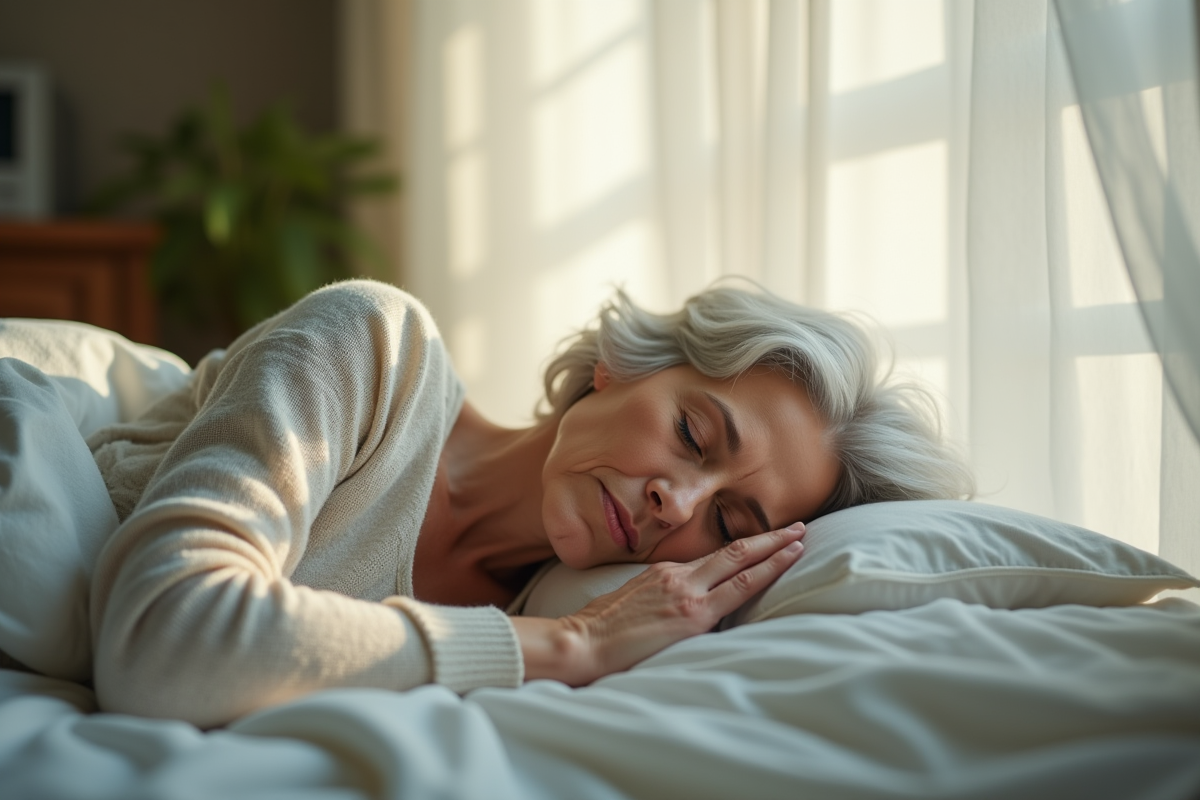 Femme agee dormant paisiblement dans une chambre lumineuse
