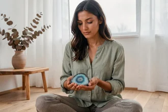 Femme tenant une pierre amazonite polie dans ses mains, assise dans un intérieur minimaliste scandinave, associant cristallothérapie et sérénité