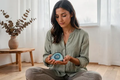 Femme tenant une pierre amazonite polie dans ses mains, assise dans un intérieur minimaliste scandinave, associant cristallothérapie et sérénité
