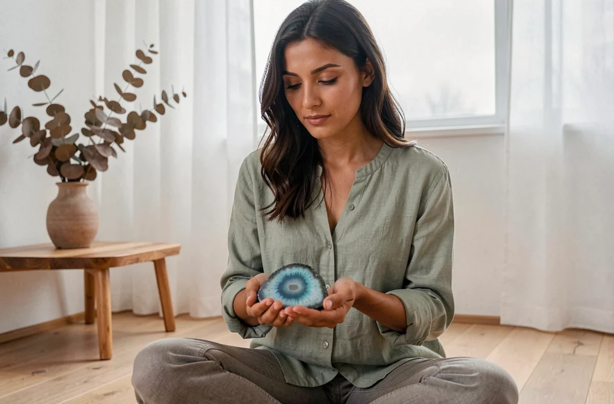 Femme tenant une pierre amazonite polie dans ses mains, assise dans un intérieur minimaliste scandinave, associant cristallothérapie et sérénité