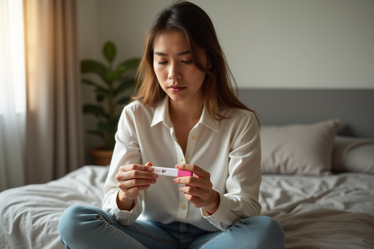 Jeune femme avec test de grossesse négatif dans la chambre