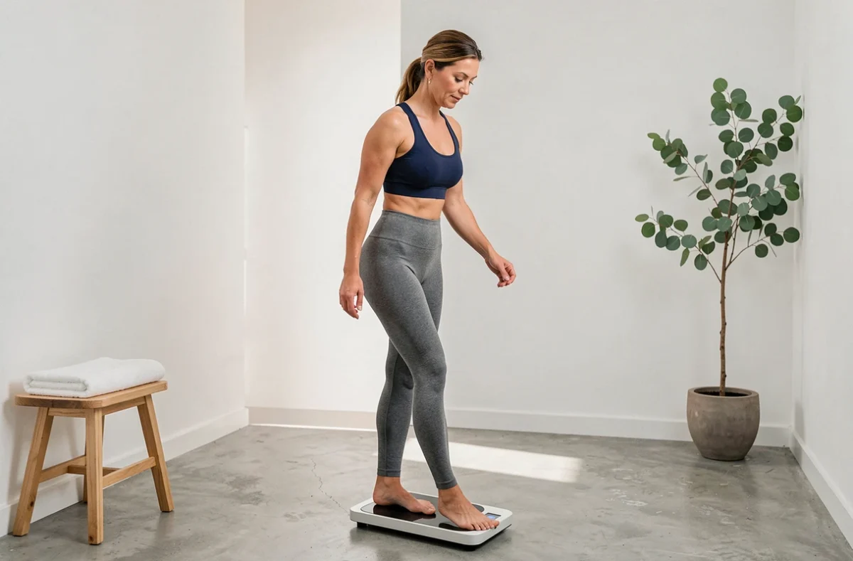 Femme en tenue de sport se pesant sur une balance numérique dans une salle de bain minimaliste pour suivre l'évolution de son poids