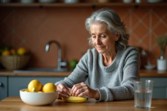 Femme fatiguée mangeant une banane riche en potassium à la cuisine pour remédier à une hypokaliémie légère