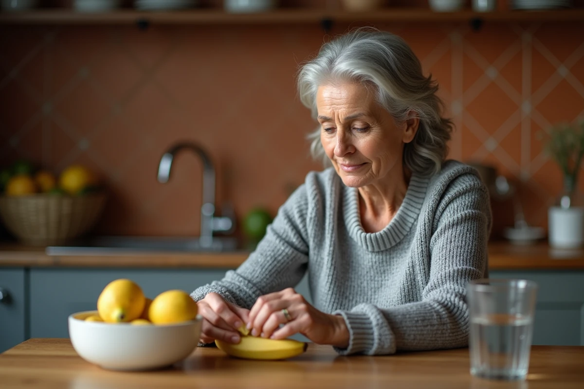 Femme fatiguée mangeant une banane riche en potassium à la cuisine pour remédier à une hypokaliémie légère