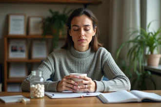 Femme fatiguée tenant une tasse dans un cabinet médical avec des compléments alimentaires contre le cortisol et le burn-out
