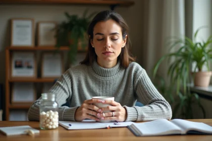 Femme fatiguée tenant une tasse dans un cabinet médical avec des compléments alimentaires contre le cortisol et le burn-out