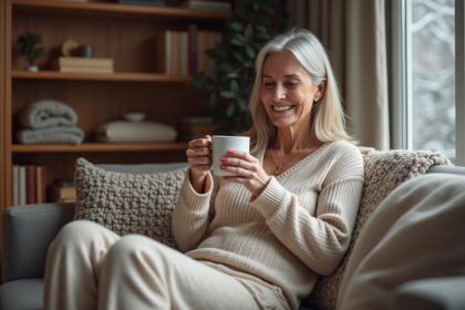Femme détendue sur un sofa en thermolactyl chaud