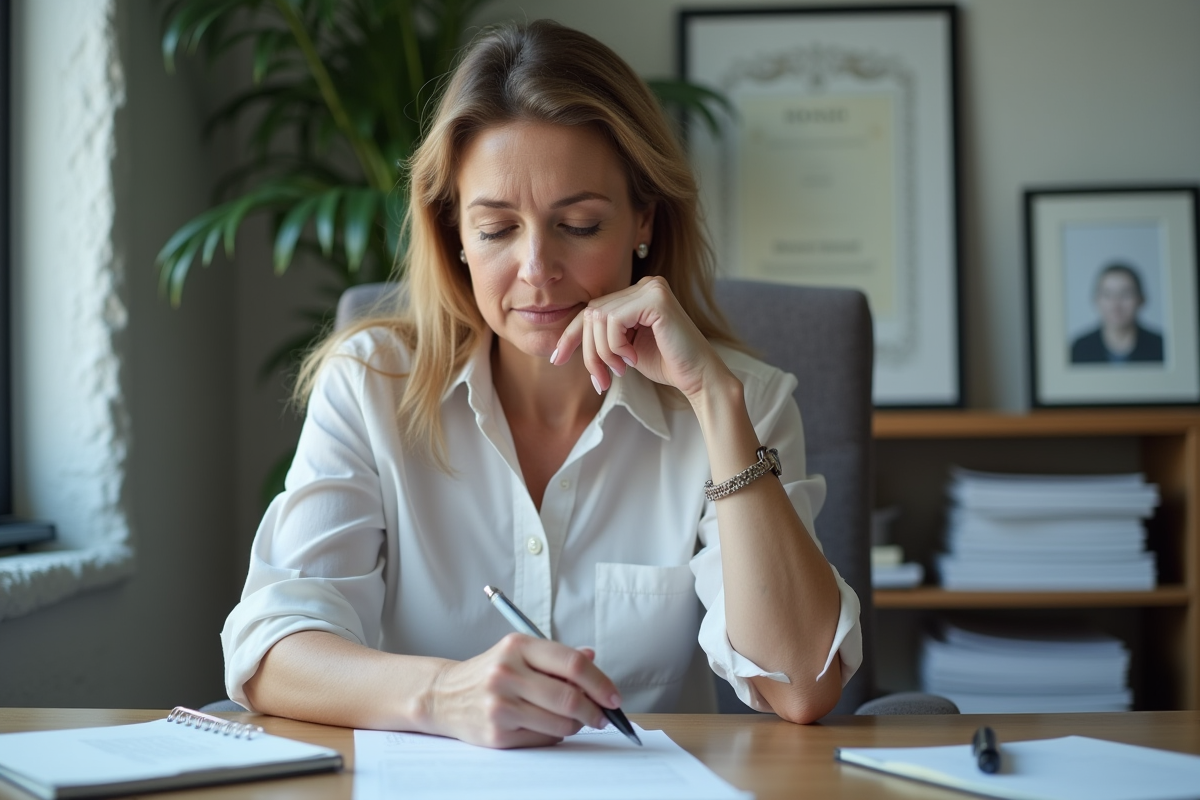 Femme d'âge moyen examinant un formulaire médical dans un cabinet