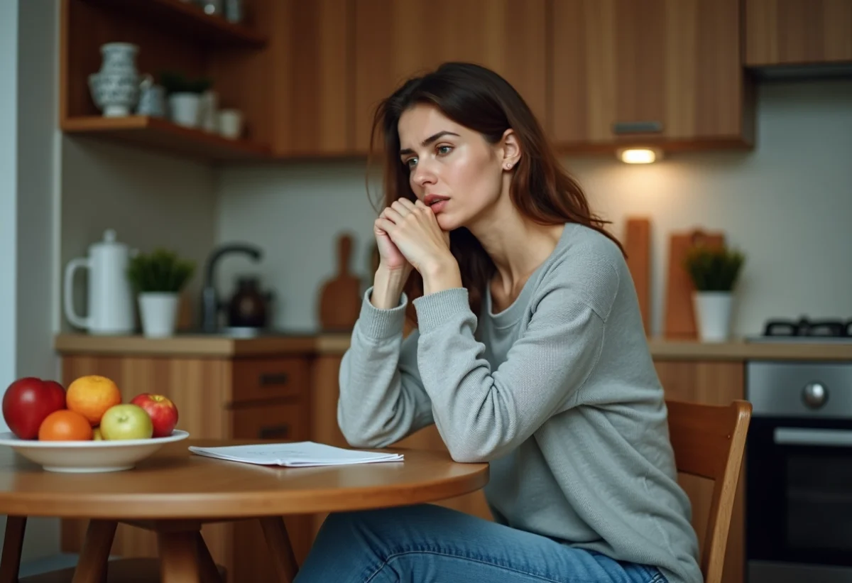 Femme assise à la cuisine en conversation douce