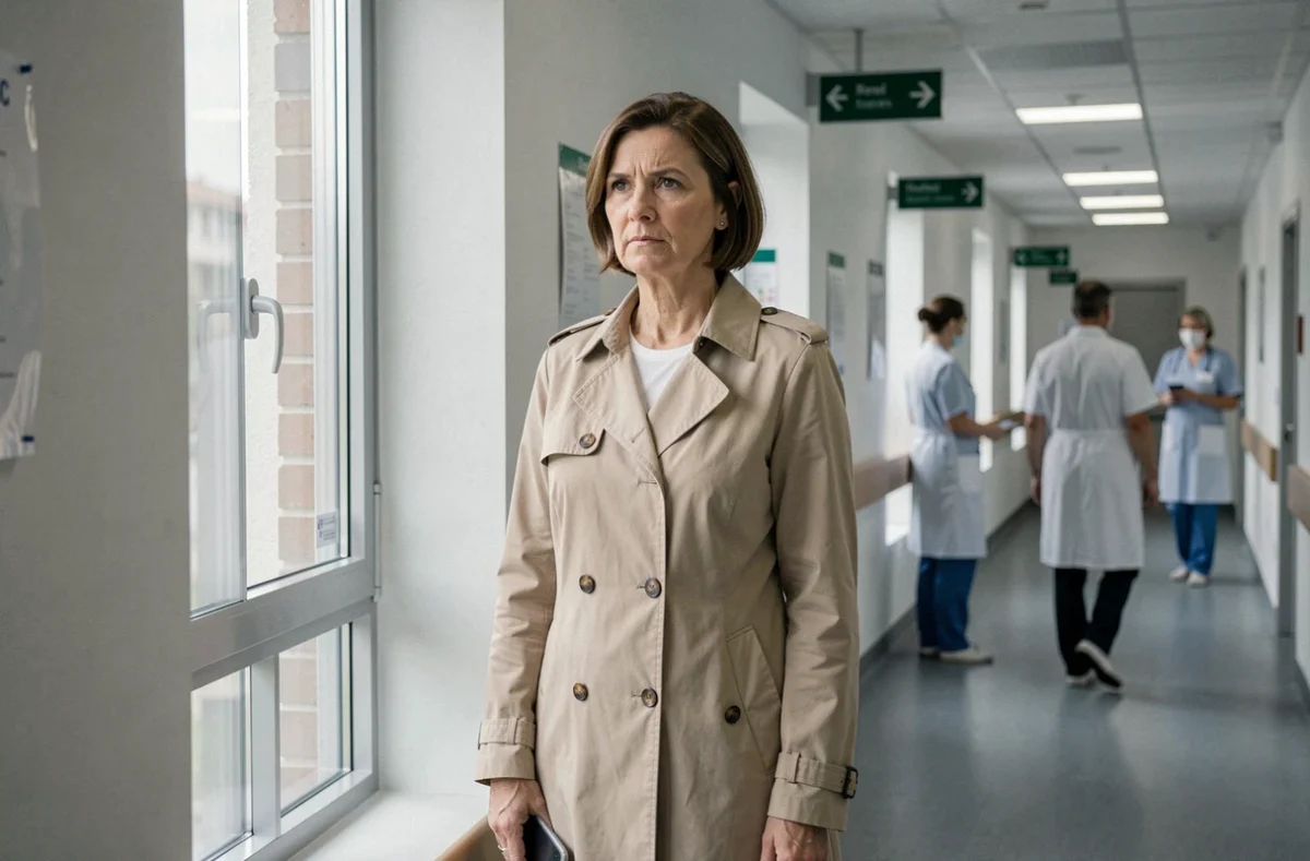 Femme en trench coat beige dans un couloir d'hôpital français, tenant un téléphone, regard calme et déterminé, symbolisant le soutien des proches face à la pression médiatique
