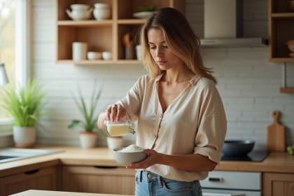 Femme versant de la fécule dans un bol dans une cuisine moderne