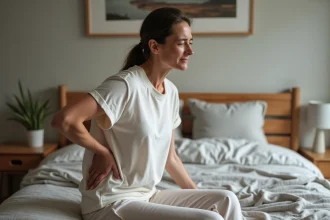 Femme d'une quarantaine soulagant son dos