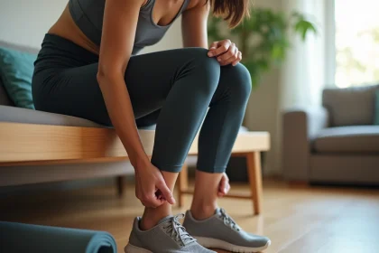 Femme tenant son talon douloureux après une séance sportive, illustrant la douleur liée à l'épine calcanéenne