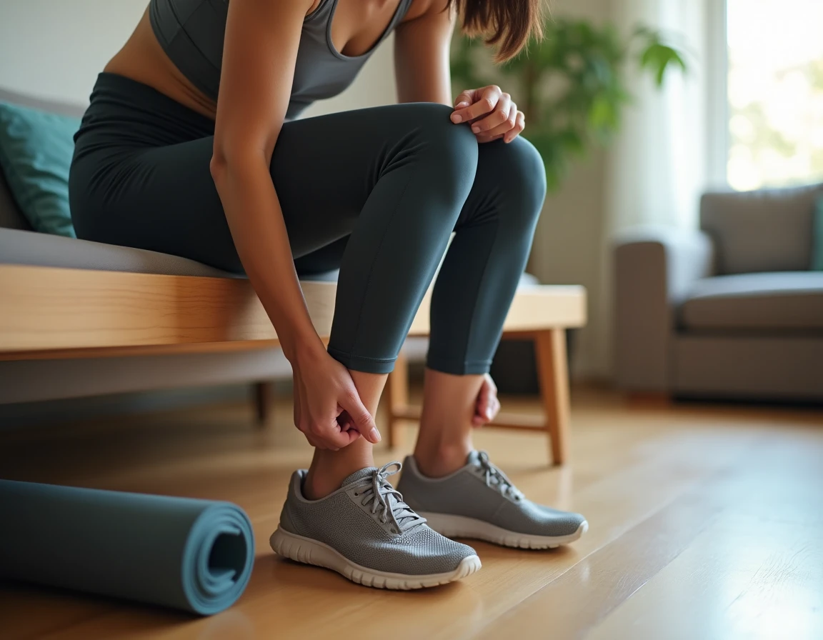 Femme tenant son talon douloureux après une séance sportive, illustrant la douleur liée à l'épine calcanéenne