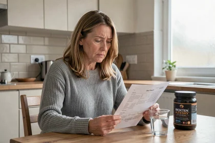 Femme lisant une notice médicale sur les effets secondaires d'un complément protéiné dans sa cuisine