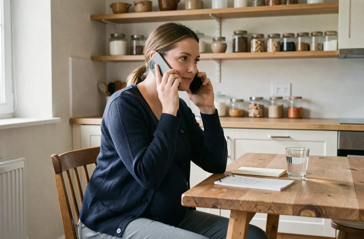 Femme enceinte assise dans une cuisine téléphonant à sa sage-femme avec des notes manuscrites sur la table, illustrant la réaction utile face aux signes de fissure de la poche des eaux