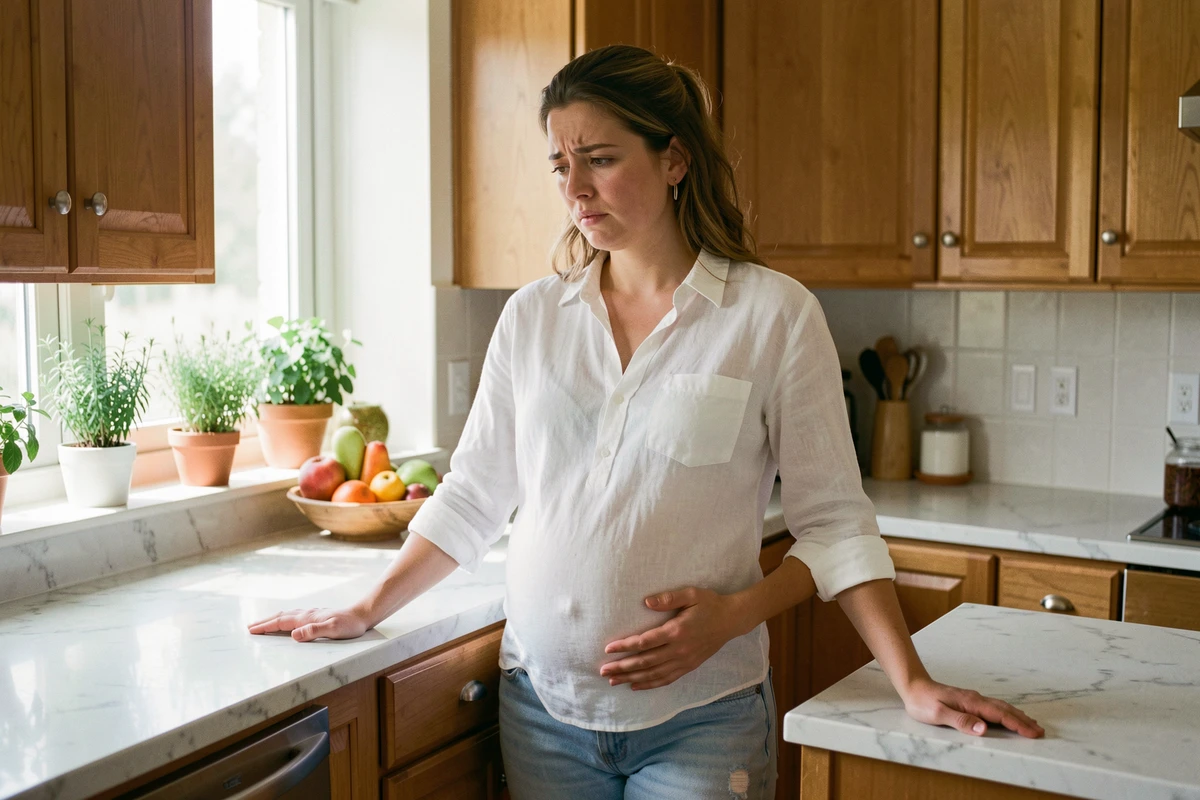 Femme enceinte debout dans sa cuisine, une main sur le côté droit du ventre, expression préoccupée dans un cadre domestique chaleureux