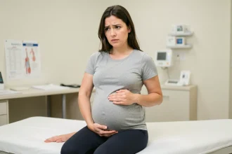 Femme enceinte assise sur une table d'examen médical, la main droite posée sur le côté droit du ventre, expression préoccupée dans un cabinet médical moderne