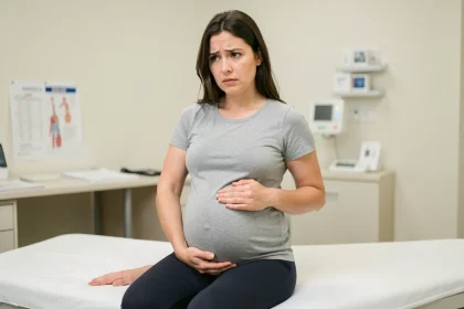 Femme enceinte assise sur une table d'examen médical, la main droite posée sur le côté droit du ventre, expression préoccupée dans un cabinet médical moderne
