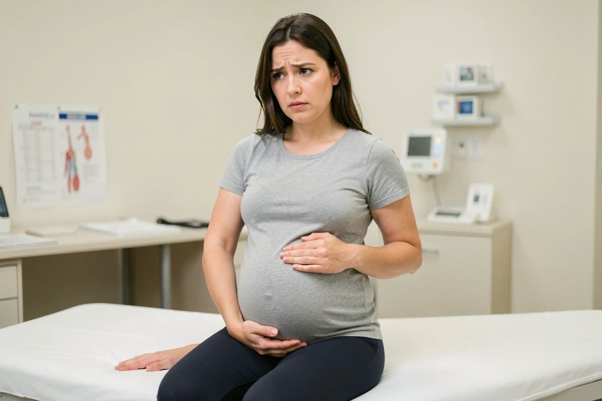 Femme enceinte assise sur une table d'examen médical, la main droite posée sur le côté droit du ventre, expression préoccupée dans un cabinet médical moderne