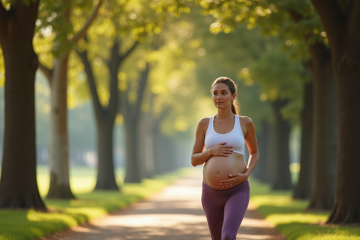 Femme enceinte en tenue confortable marche dans la nature