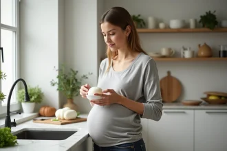Femme enceinte tenant une boule de mozzarella di bufala fraîche dans sa cuisine, hésitant à la consommer pendant la grossesse