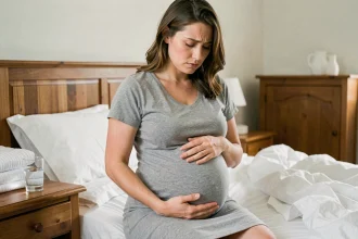 Femme enceinte au troisième trimestre assise sur un lit, main posée sur le ventre, expression préoccupée évoquant une fissure de la poche des eaux