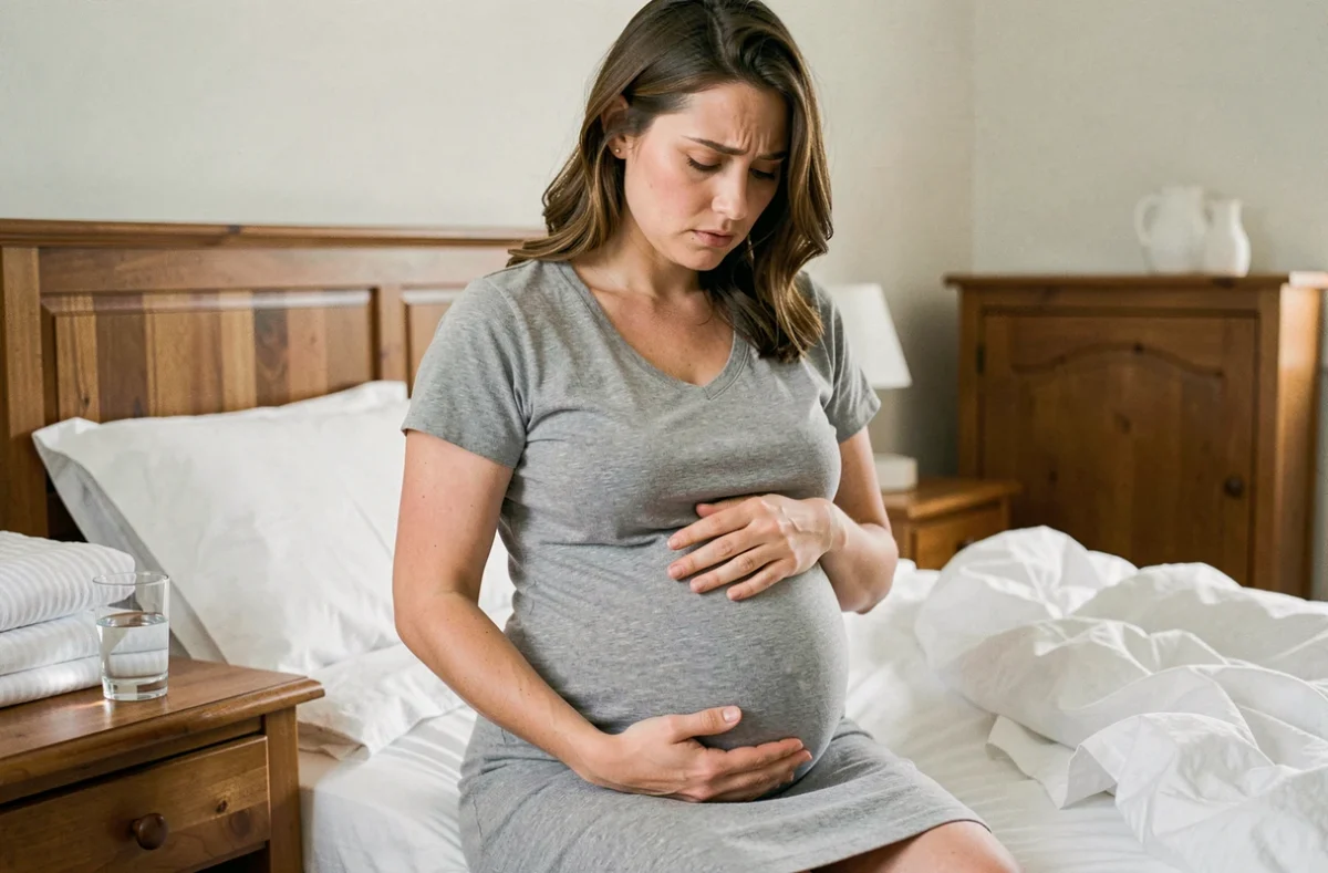 Femme enceinte au troisième trimestre assise sur un lit, main posée sur le ventre, expression préoccupée évoquant une fissure de la poche des eaux