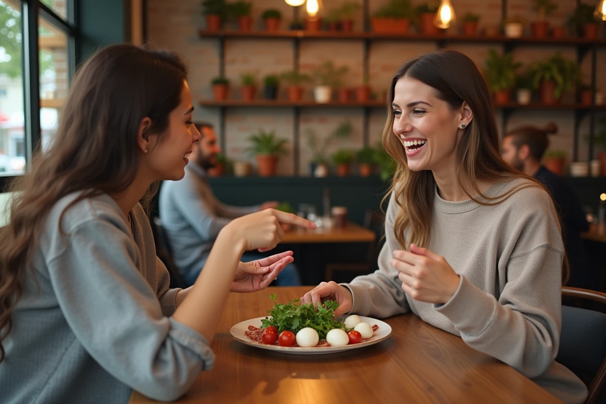 Femme enceinte discutant avec une amie des risques alimentaires de la mozzarella di bufala dans un café