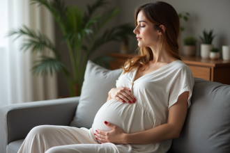 Femme enceinte assise sur un canapé dans un salon chaleureux