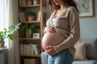 Femme enceinte lisant un guide nutrition dans un salon cosy