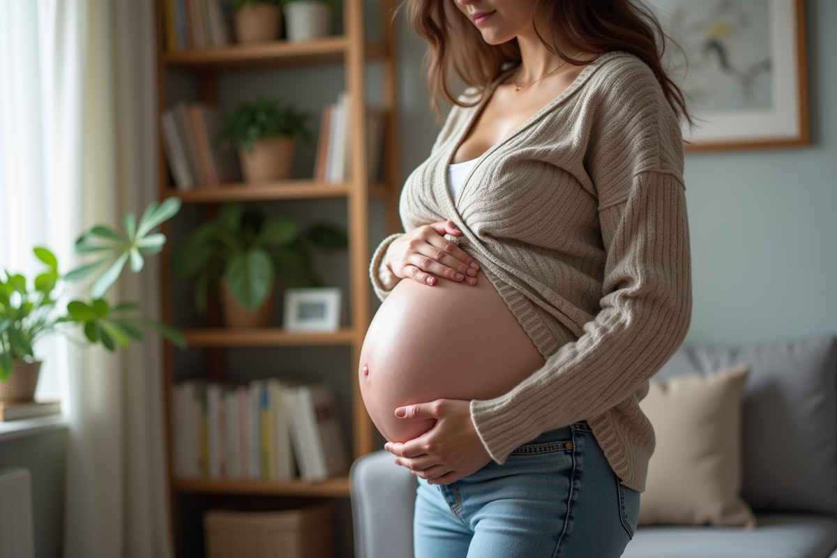Femme enceinte lisant un guide nutrition dans un salon cosy