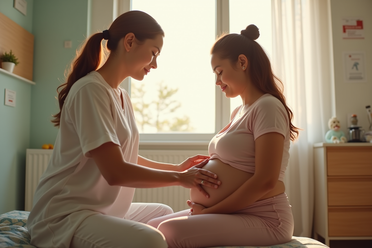 Femme enceinte assise sur un ballon de naissance dans une salle lumineuse