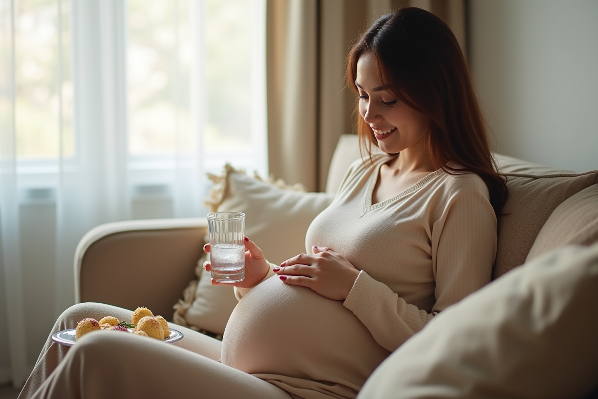 Femme enceinte assise sur un canapé lumineux avec un verre d'eau et un gâteau