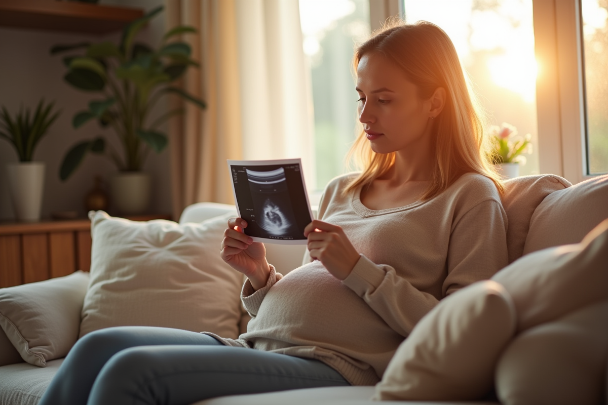 Femme assise sur un canapé tenant une photo d'echo