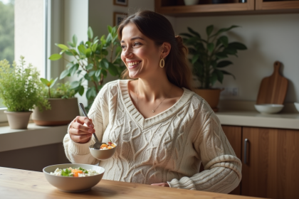 Femme enceinte dégustant du tzatziki dans une cuisine chaleureuse