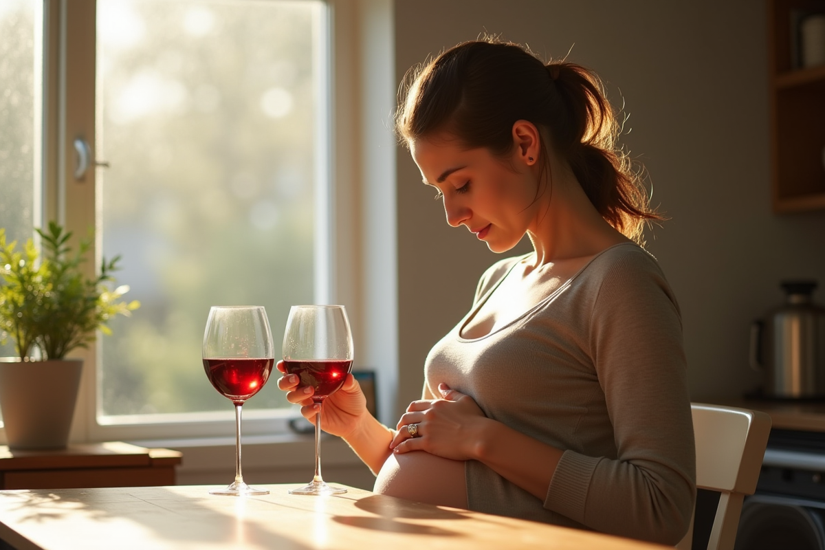 Femme enceinte dans la cuisine regardant un verre de vin