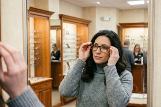 Femme essayant des lunettes en écaille dans une lunetterie moderne à Brest