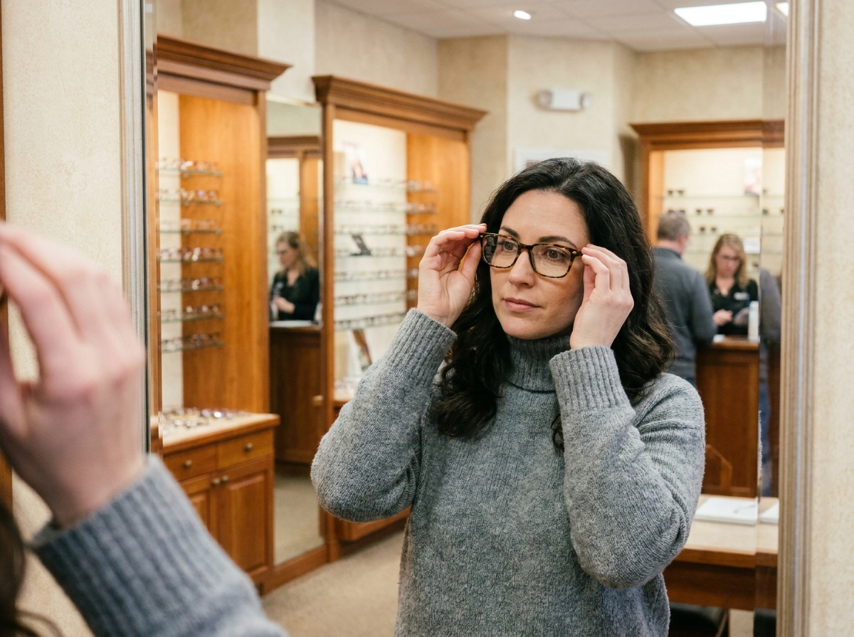 Femme essayant des lunettes en écaille dans une lunetterie moderne à Brest