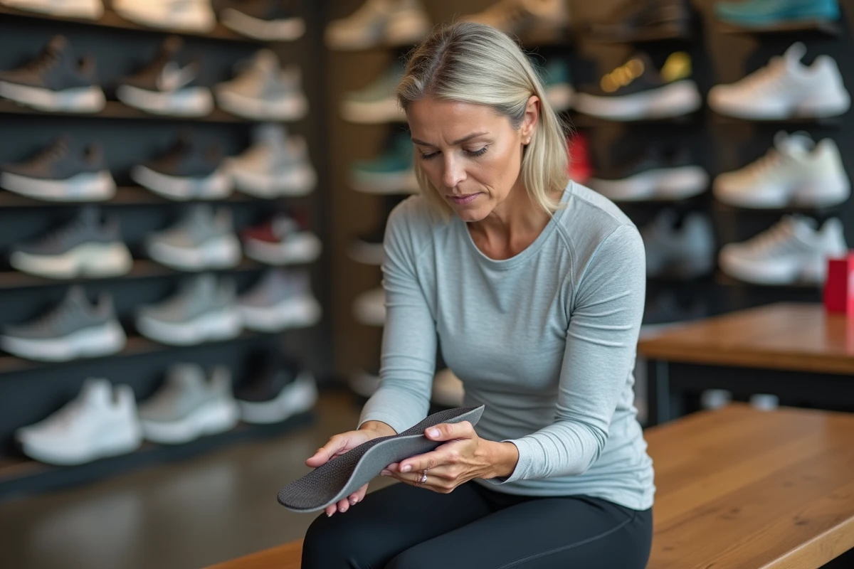 Femme examinant une semelle orthopédique Akusoli dans un magasin de chaussures de sport