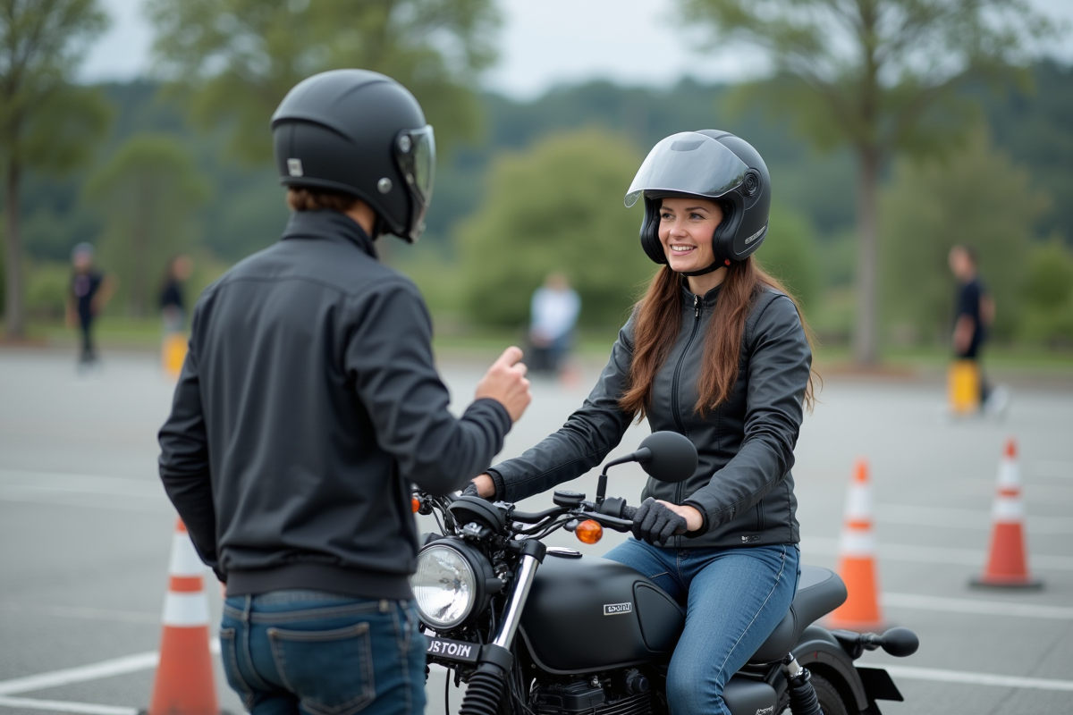 Femme en formation moto avec instructeur dans un parking