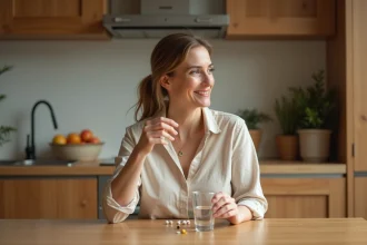 Femme prenant une gélule probiotique avec un verre d'eau dans une cuisine en bois naturel