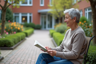 Femme d'âge moyen lisant dans un jardin d'hôpital