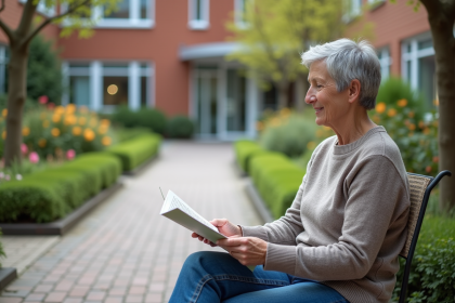 Femme d'&acirc;ge moyen lisant dans un jardin d'h&ocirc;pital