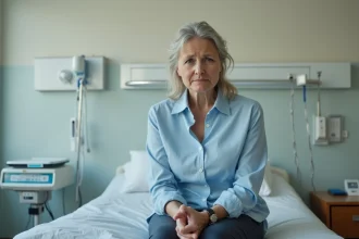 Femme d'&acirc;ge moyen assise sur un lit d'h&ocirc;pital pensif