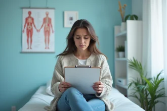 Femme inquiète en consultation médicale dans une salle