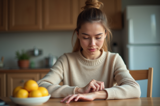 Femme examine sa peau entre les doigts dans un cadre domestique